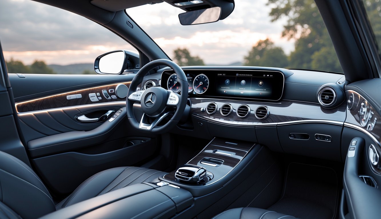 Unutrašnjost luksuznog Mercedesa E-klase s kvalitetnim materijalima i modernim infotainment sustavom.