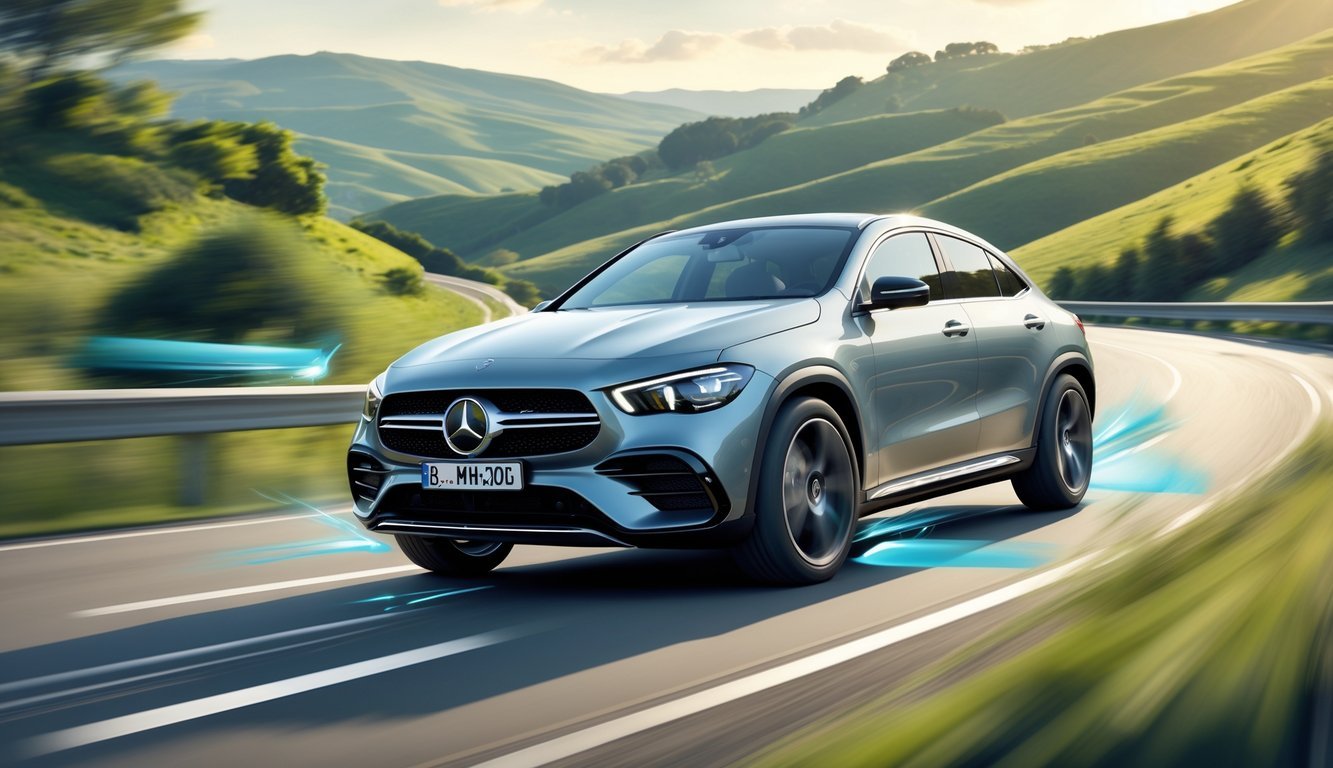 Mercedes GLA na vijugavoj cesti kroz zeleno brdovito područje s prikazom ovjesa automobila.