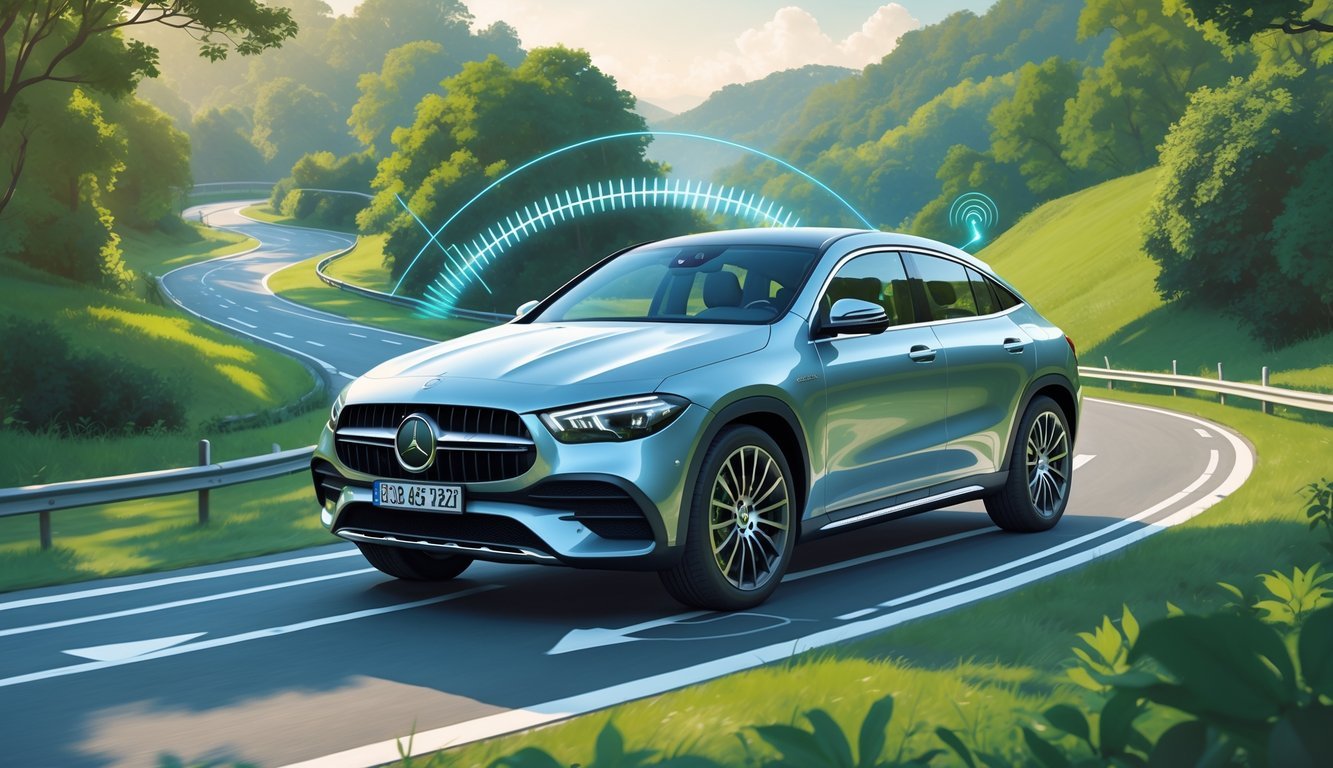 Mercedes GLA vozi cestom okruženom zelenilom s prikazom sigurnosnih sustava u radu.