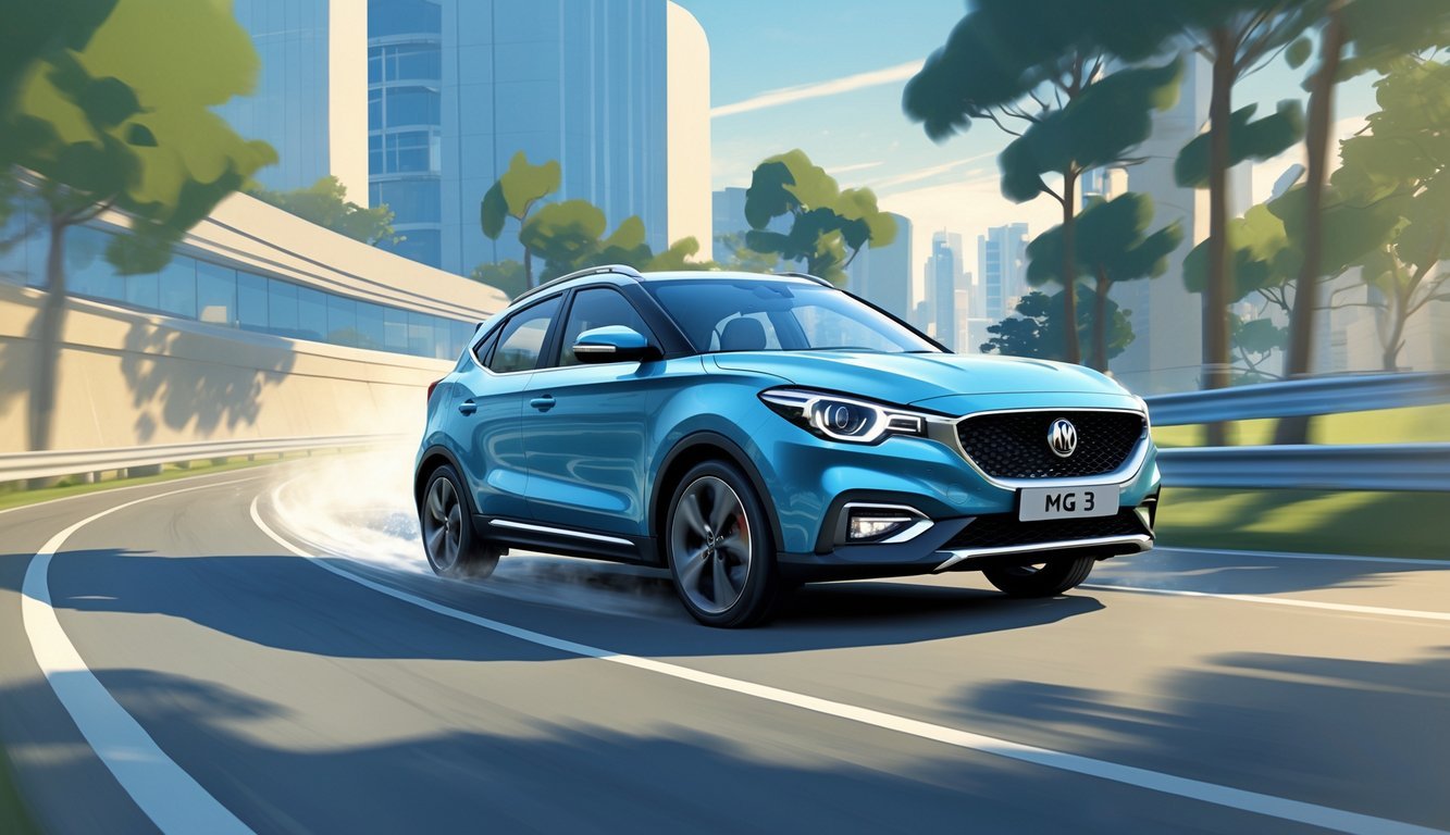 MG 3 automobil u pokretu na zavojitoj cesti okružen prirodom i zgradama.