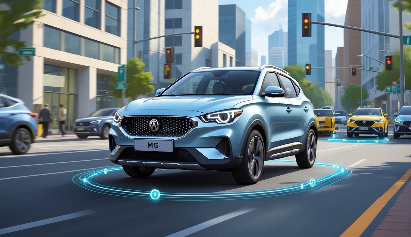 Moderan automobil MG 3 na gradskoj ulici s istaknutim sigurnosnim i sustavima pomoći vozaču.