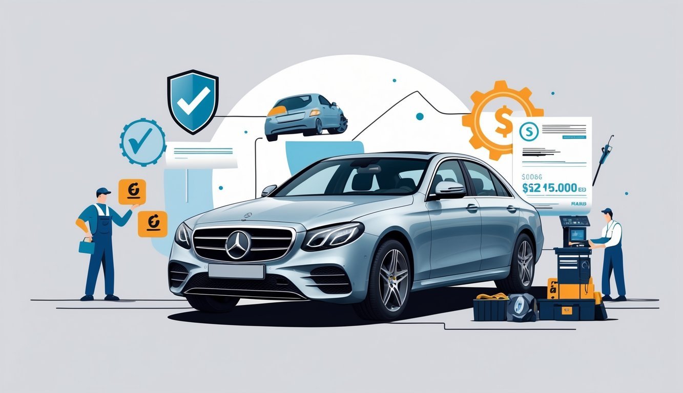 Mercedes E-klasa automobil okružen simbolima pouzdanosti, tipičnih kvarova i troškova servisa.
