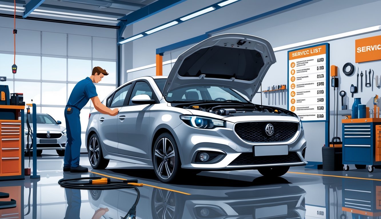 Automobil MG 3 u radionici dok mehaničar pregledava motor, okružen alatima i opremom za servis.