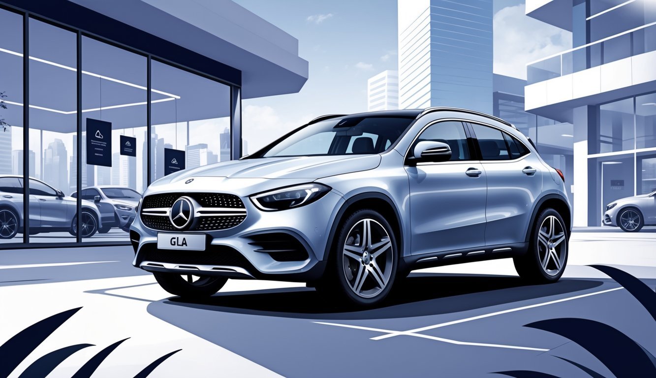 Prikaz modernog Mercedes GLA automobila ispred gradskog krajolika s prikazom ikona opreme i oznaka cijena.