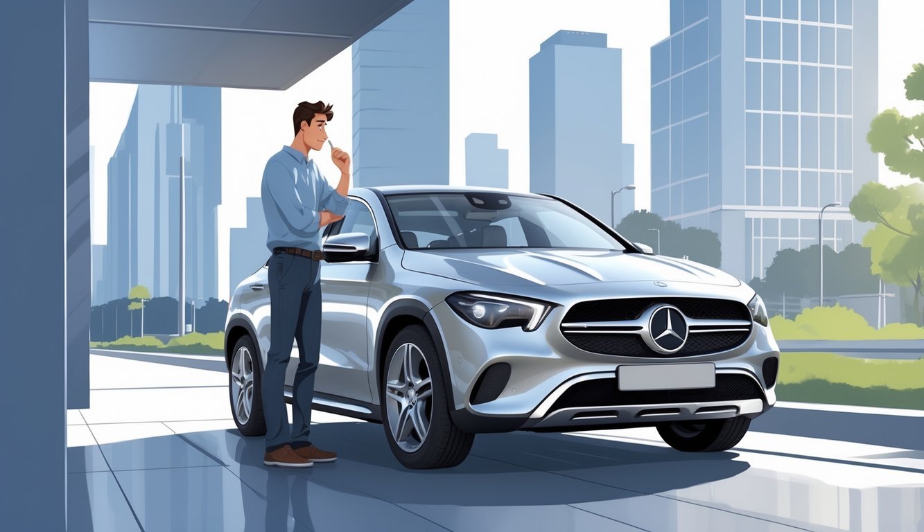 Vlasnik stoji pored srebrnog Mercedesa GLA u urbanom okruženju, promatrajući automobil.