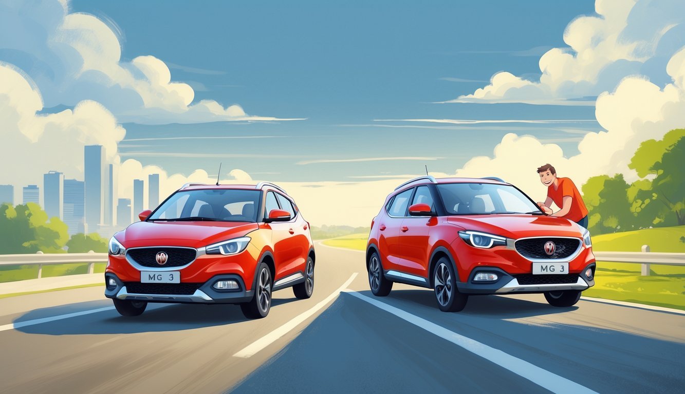 Osoba vozi crveni automobil MG 3 na cesti, s jednom stranom prikazuje zadovoljstvo, a drugom promišljanje o mogućim manama vozila.