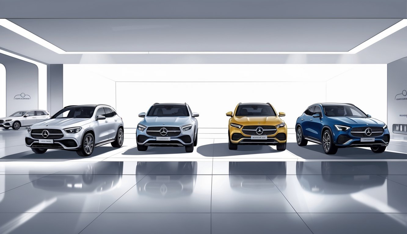 Prikaz nekoliko kompaktnih luksuznih SUV vozila postavljenih u suvremenom izložbenom prostoru, s naglaskom na Mercedes GLA i njegove konkurente.