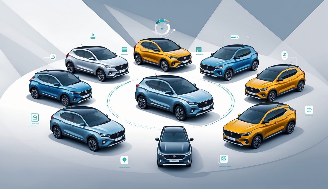 Ilustracija prikazuje nekoliko automobila postavljenih u polukrug radi usporedbe, s modelom MG 3 u središtu.