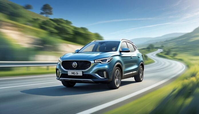 MG ZS automobil vozi cestom okruženom zelenilom i blagim brežuljcima pod plavim nebom.