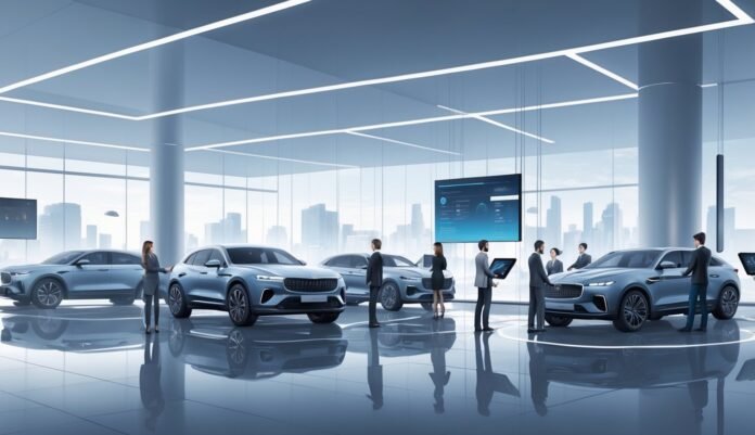 Prikaz suvremenog autosalona s ljudima koji koriste digitalne uređaje za istraživanje automobila.