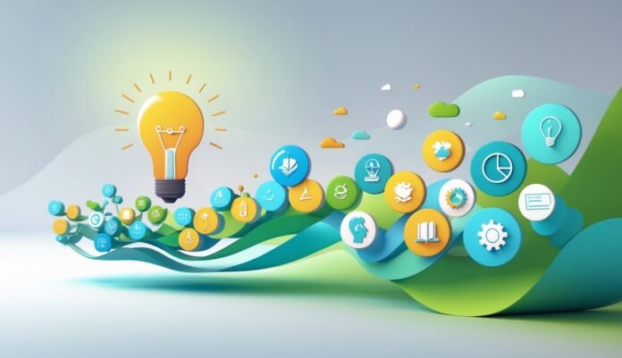 Prikaz niza povezanih simbola koji predstavljaju različita iskustva i osobni rast.