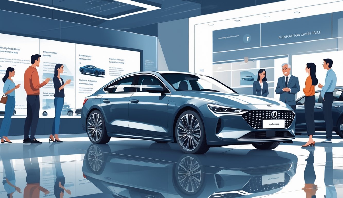 Prikaz modernog izložbenog prostora automobila s ljudima koji pregledavaju i razgovaraju o vozilu.