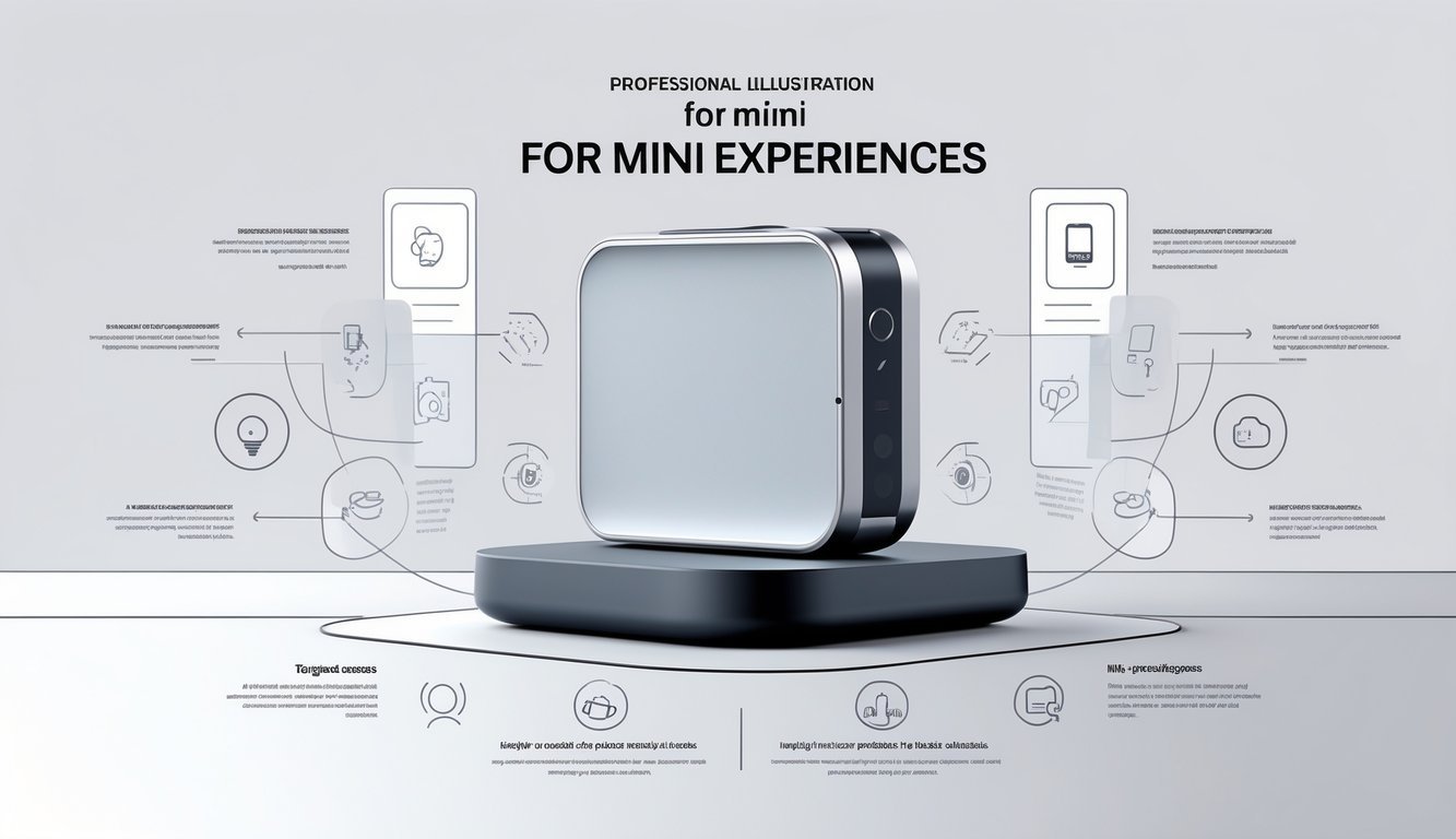 Prikaz modernog uređaja na stolu s grafičkim prikazima značajki oko njega.