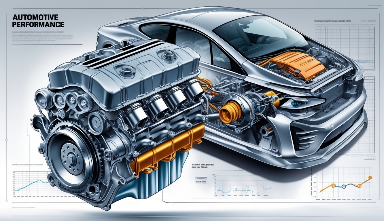 Prikaz modernog automobilskog motora i detaljnog mjenjača s vidljivim zupčanicima i komponentama.