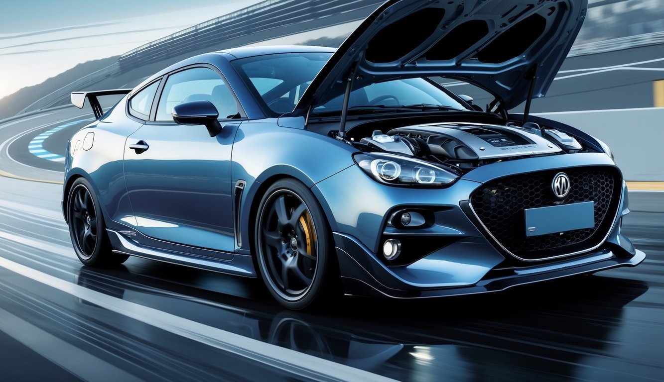 Automobil u pokretu s prikazom motora i mjenjača ispod poklopca, na cesti.