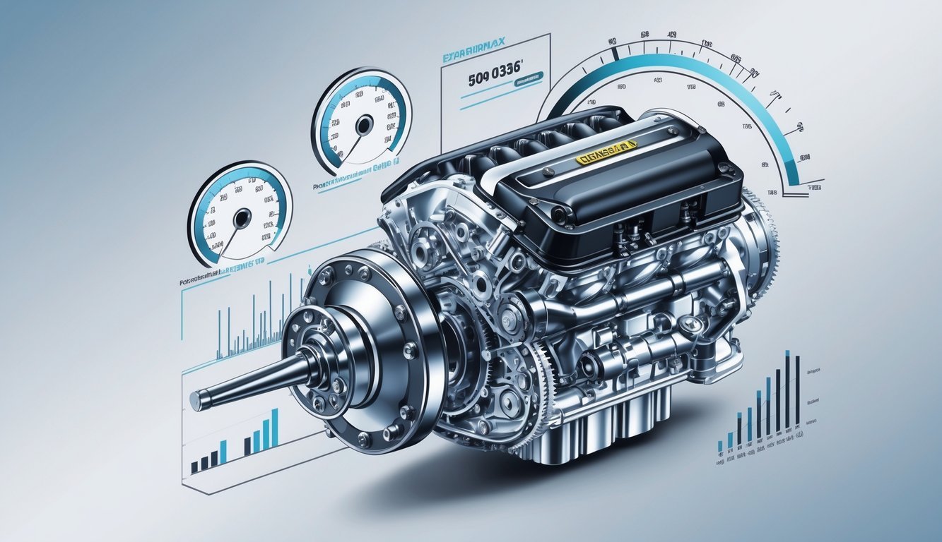 Ilustracija prikazuje motor automobila, mjenjač i pokazatelje performansi.