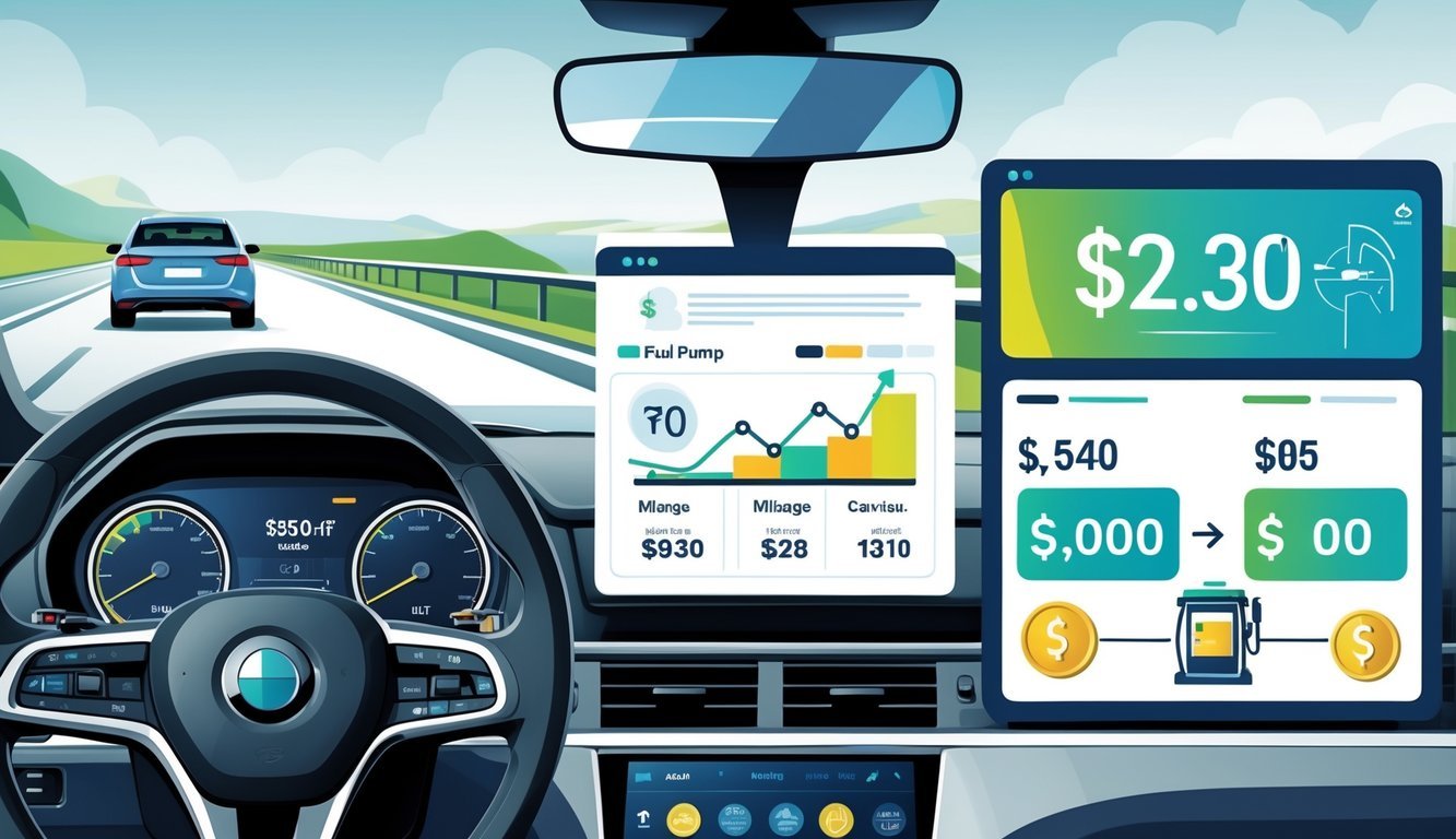 Prikaz automobila s pokazivačima potrošnje goriva i grafikonima troškova vožnje na cesti.