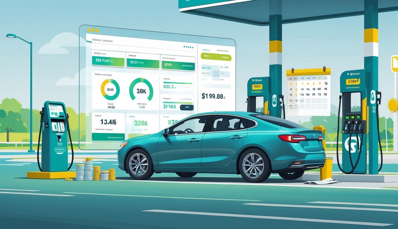 Automobil pored benzinske pumpe s prikazom mjerenja potrošnje goriva i troškova vožnje.