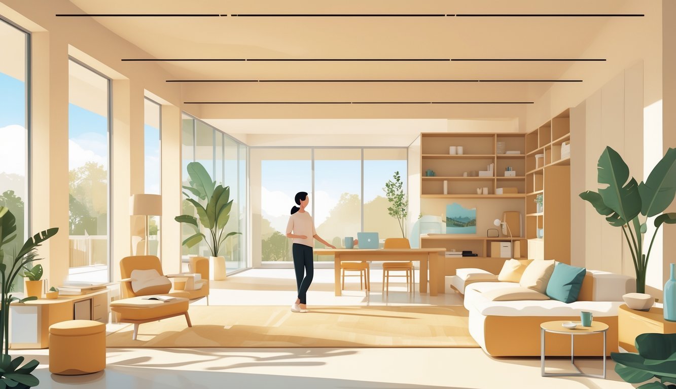 Moderan i prostran prostor s udobnim namještajem i praktičnim rasporedom, u kojem osoba lako koristi prostor.