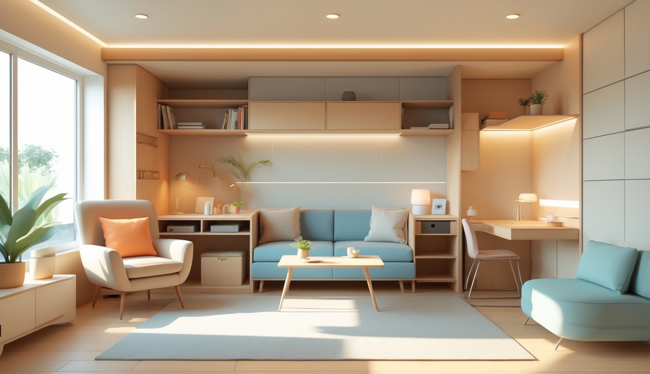 Mali, udoban i praktičan dnevni boravak s multifunkcionalnim namještajem i dobro iskorištenim prostorom.