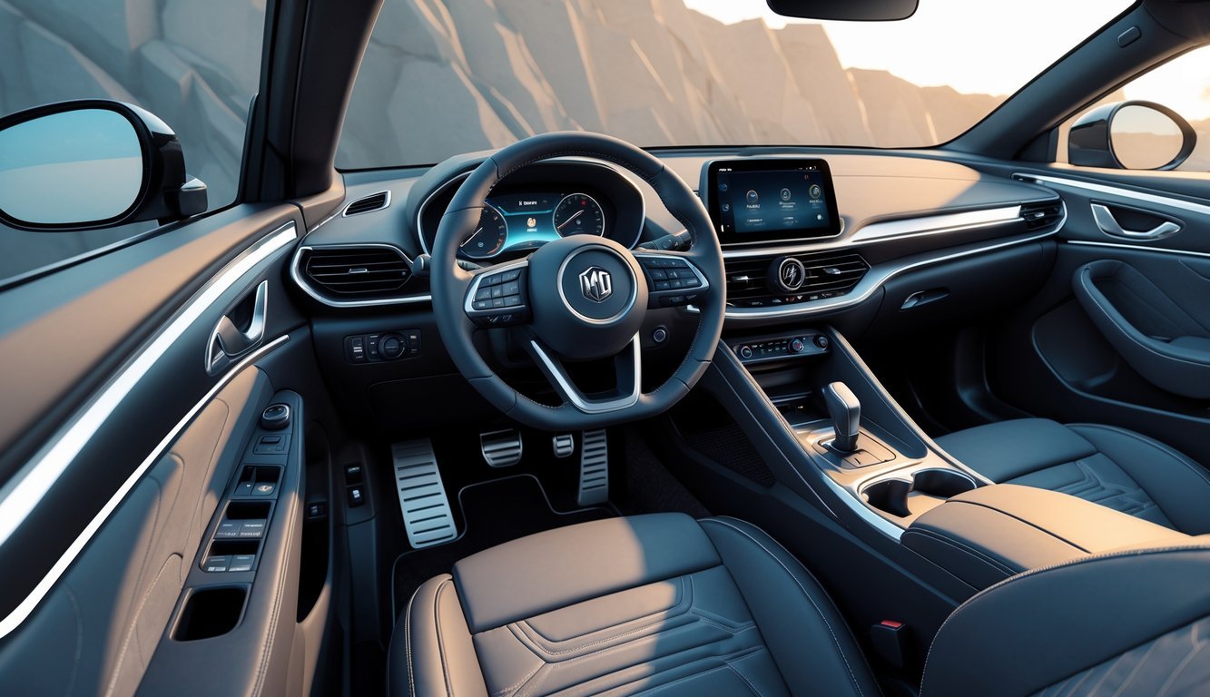 Unutrašnjost MG ZS automobila s prikazom upravljačke ploče, zaslona osjetljivog na dodir i kvalitetnih sjedala.