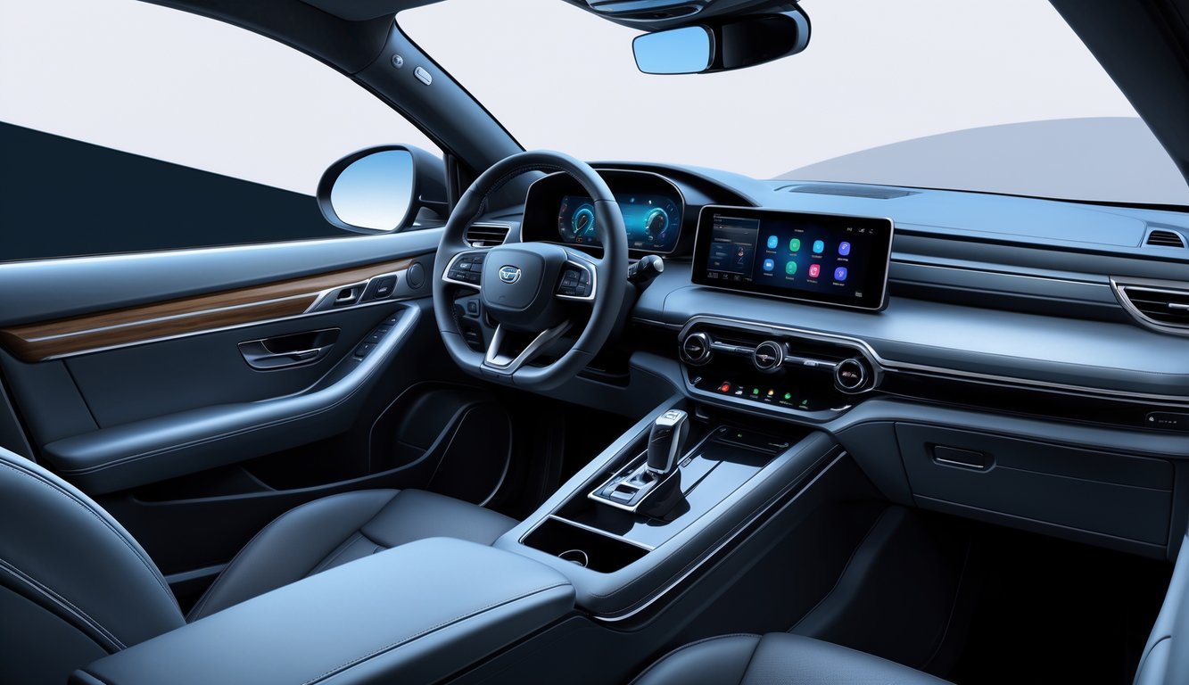 Unutrašnjost modernog automobila s kvalitetnim materijalima i vidljivim infotainment sustavom.