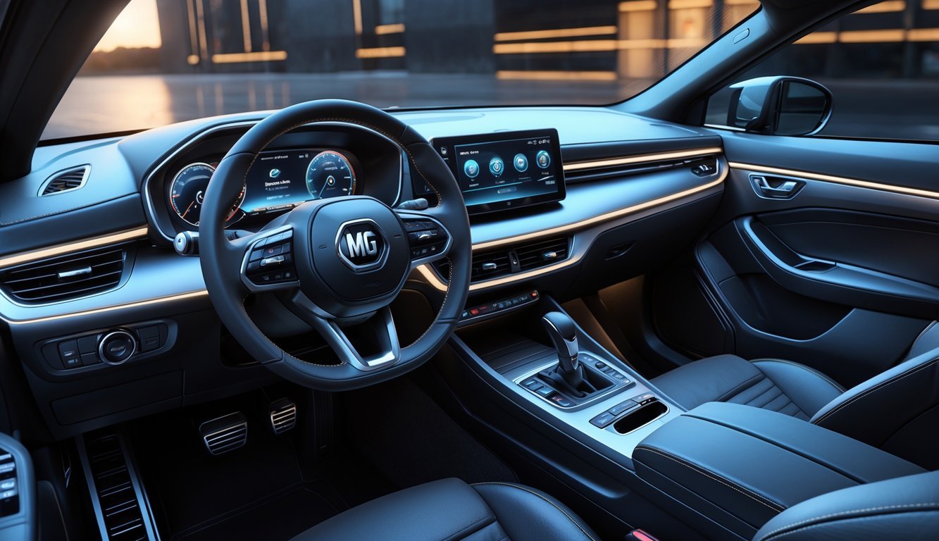 Unutrašnjost modernog MG automobila s prikazom upravljača, zaslona infotainment sustava i kvalitetnih materijala.