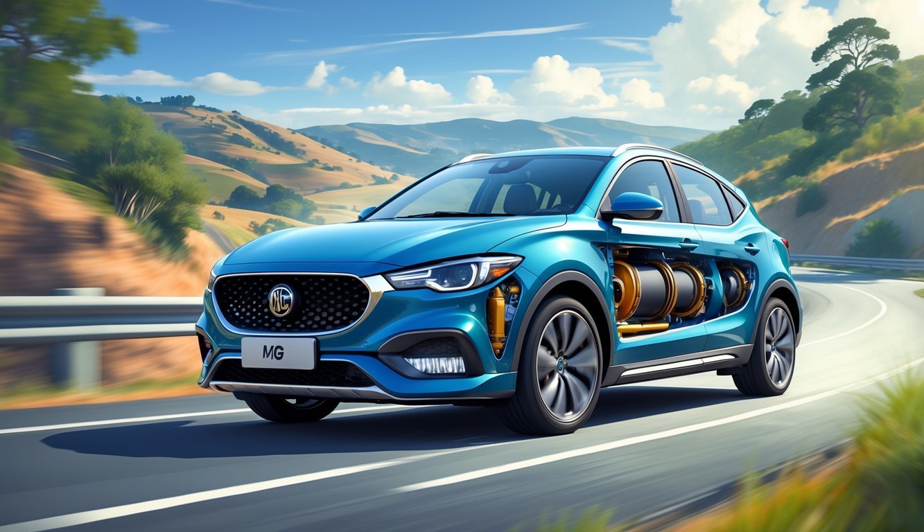 Automobil MG ZS na vijugavoj cesti s prikazom ovjesa dok vozi kroz prirodni krajolik.