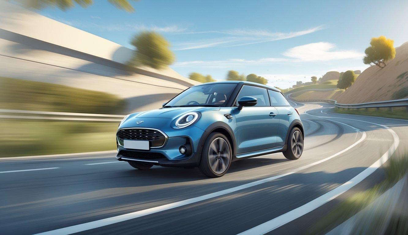 Mali automobil na zavojitoj cesti s vidljivim ovjesom i vozačem koji upravlja vozilom.