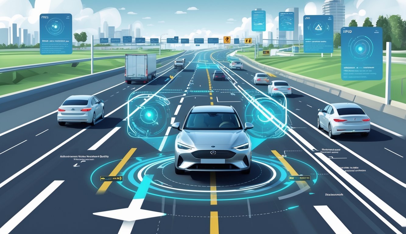 Automobil na cesti s prikazom sustava za pomoć vozaču i sigurnosnih senzora.