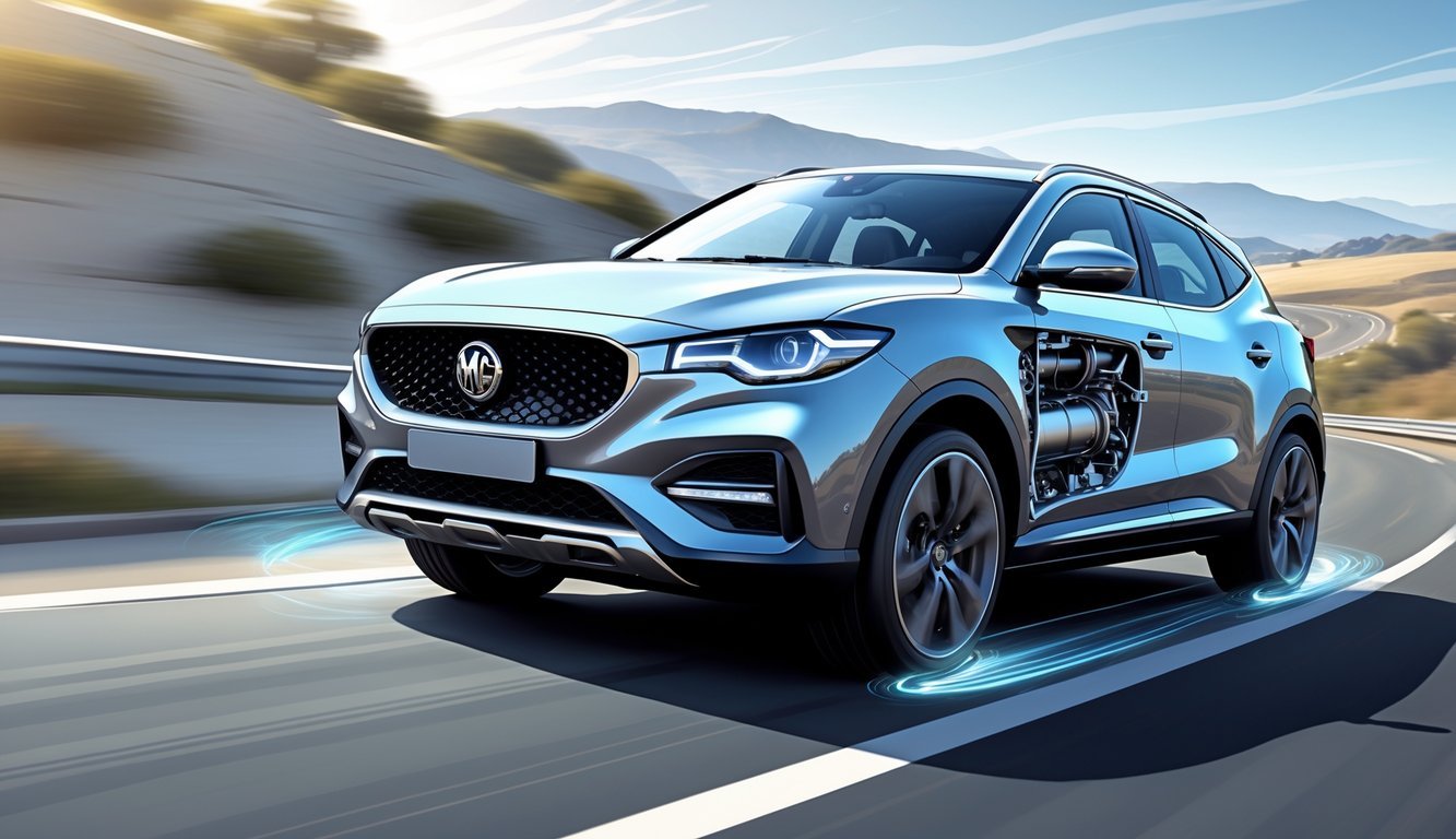 Automobil MG u vožnji na vijugavoj cesti s prikazom ovjesa i dijelova za upravljanje.