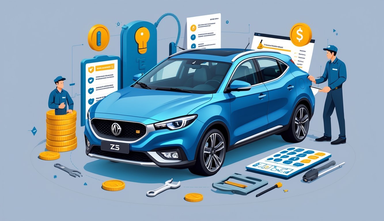 Automobil MG ZS okružen ilustracijama koje prikazuju uobičajene kvarove, mehaničara koji popravlja motor i simbole troškova servisa.