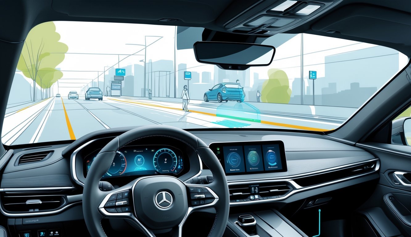 Unutrašnjost modernog automobila s prikazom sigurnosnih i pomoćnih sustava vozaču u radu.