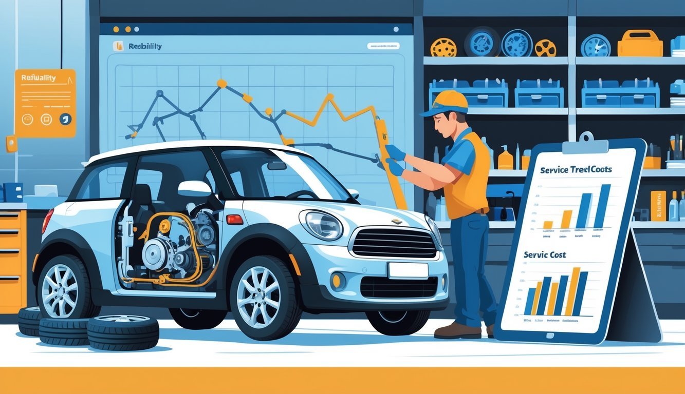 Mehaničar pregledava mali automobil u radionici s prikazom dijelova i grafikona troškova servisa.