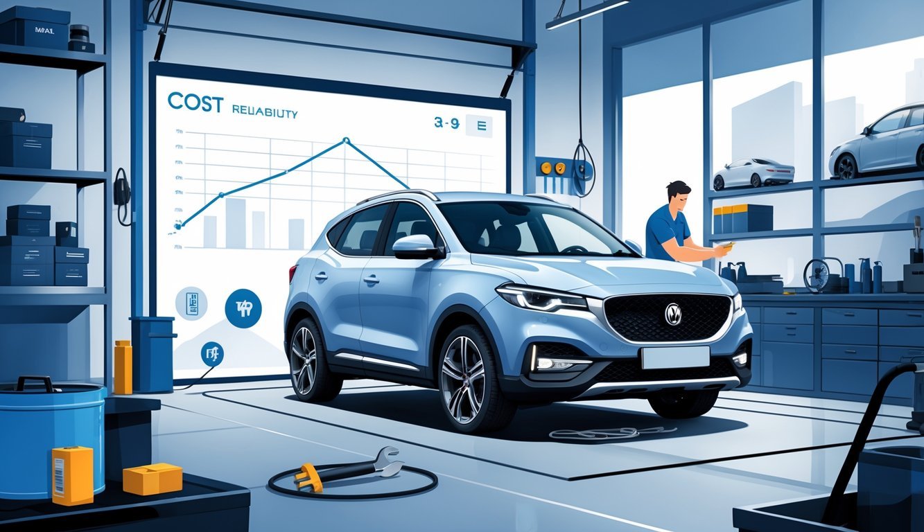 Automobil MG u radionici dok mehaničar pregledava motor, s prikazom simbola tipičnih kvarova i grafičkim prikazom troškova servisa.