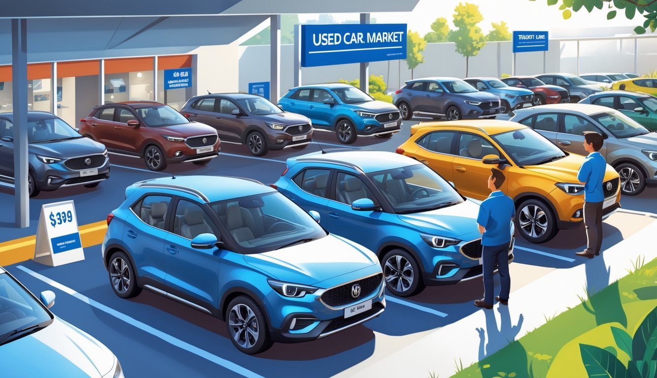 Prikaz prodajnog mjesta s nekoliko rabljenih MG automobila i ljudima koji razgovaraju o vozilima i njihovoj opremi.