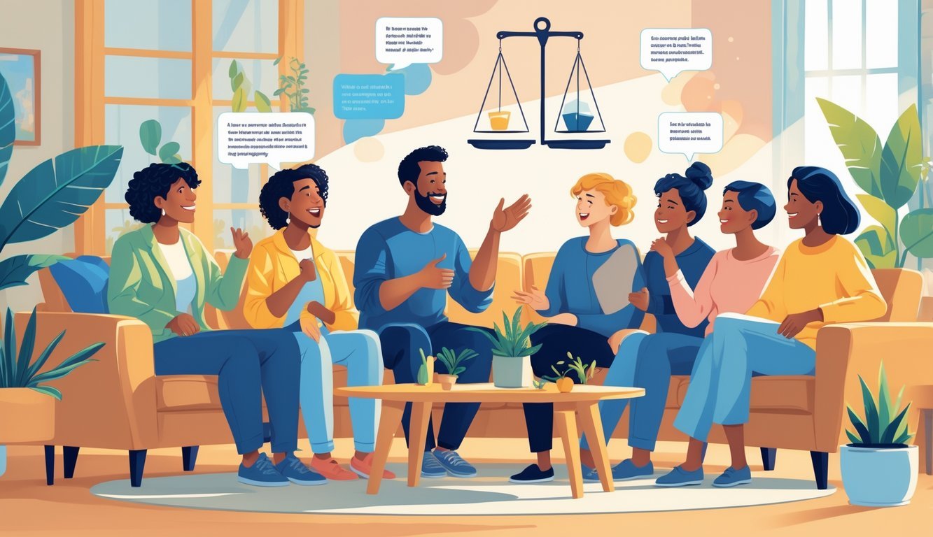 Skupina vlasnika kuća razgovara u udobnoj dnevnoj sobi, dijeleći svoja iskustva i razmatrajući prednosti i mane vlasništva.