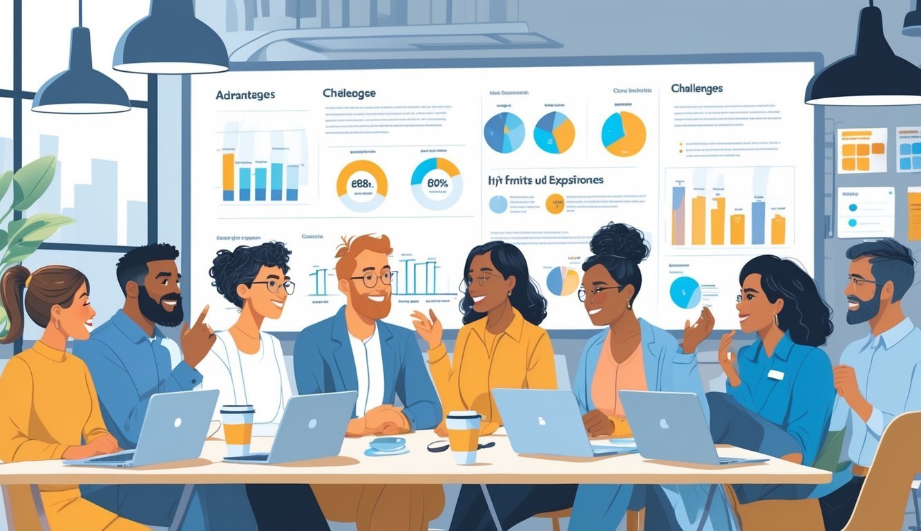 Grupa vlasnika malih poduzeća razgovara za stolom u uredu, dijeleći svoja iskustva i izraze lica koji pokazuju prednosti i mane.