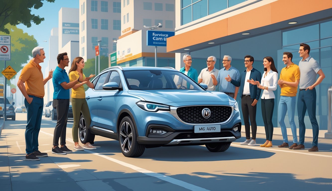 Grupa ljudi okupljena oko MG automobila, razgovaraju o svojim iskustvima s prednostima i manama vozila.