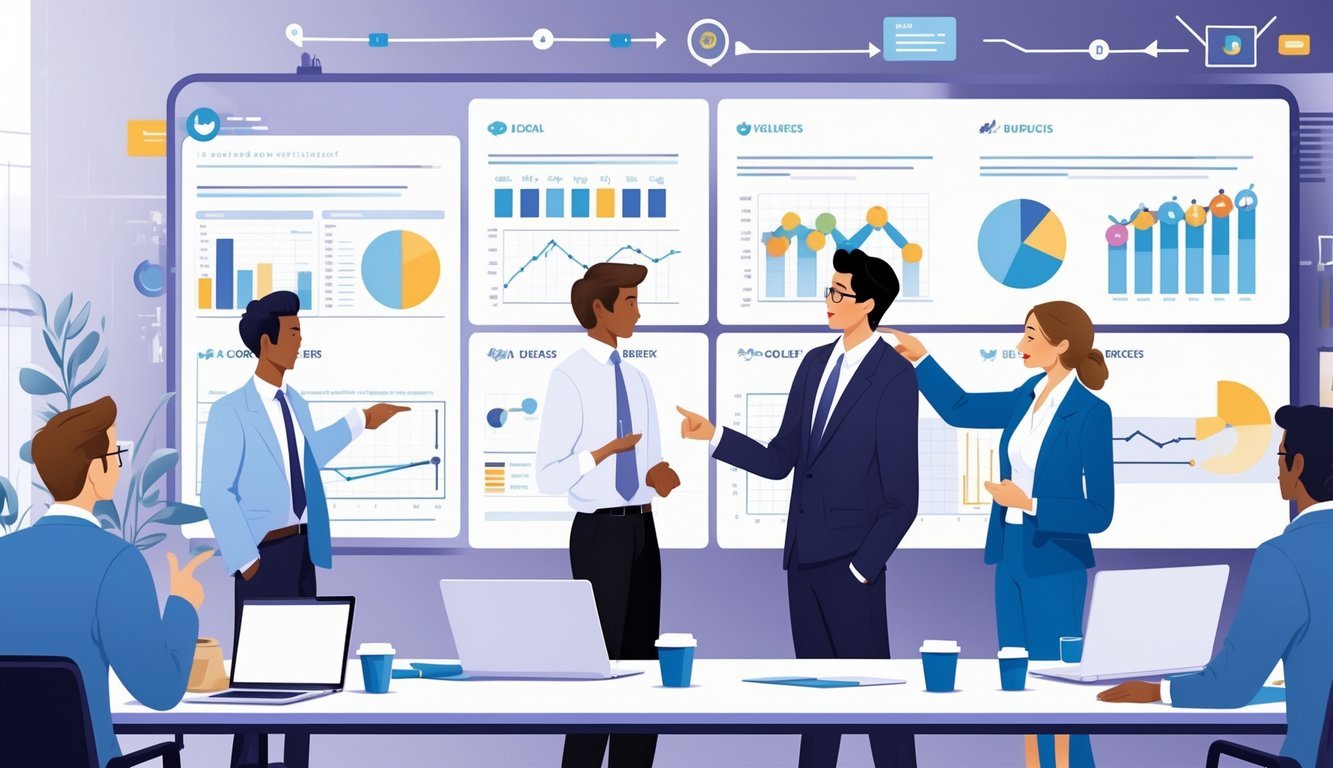 Grupa poslovnih ljudi raspravlja o usporedbi različitih modela i korisničkih iskustava uz prikaz grafikona i podataka na velikom ekranu.