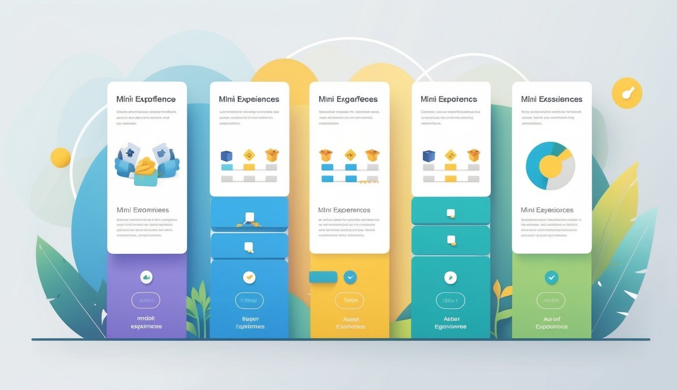 Ilustracija koja prikazuje usporedbu različitih alternativnih modela mini iskustava kroz jasno organizirane odjeljke s ikonama i vizualnim pokazateljima razlika.