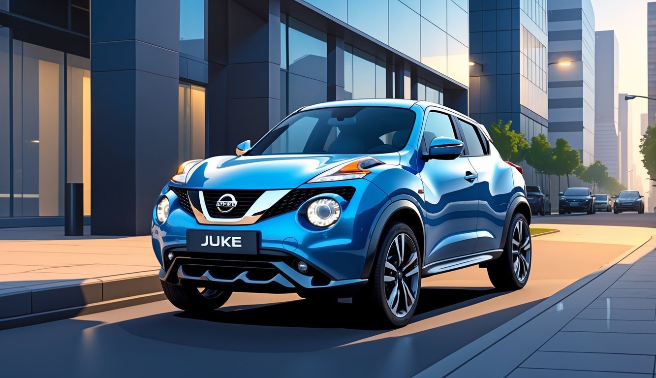 Nissan Juke parkiran na gradskom ulici s modernim zgradama u pozadini.