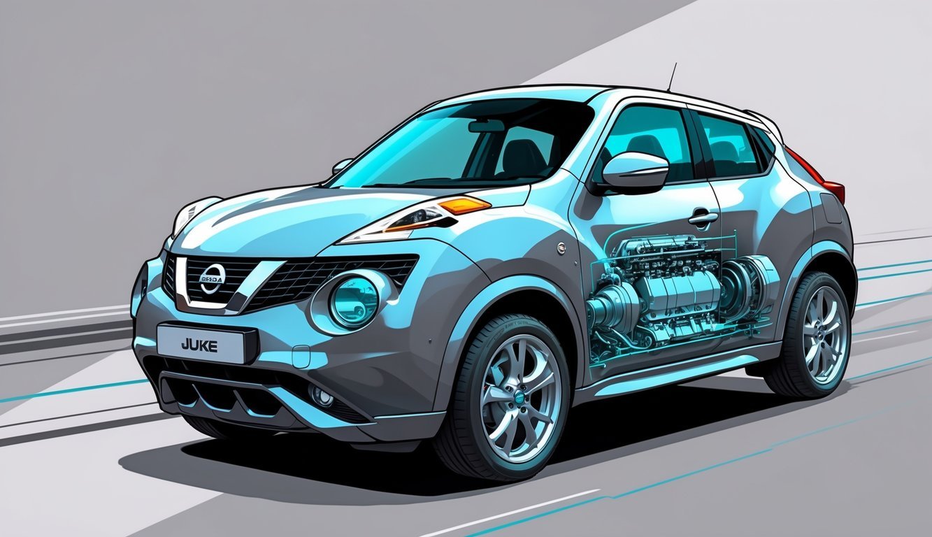 Prikaz Nissan Juke automobila s vidljivim motorom i mjenjačem, ističući njegove performanse i tehničke dijelove.