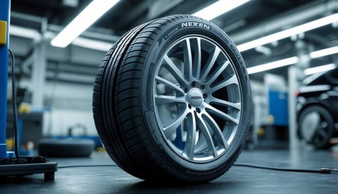 Prikaz bliskog plana Nexen gume na kotaču automobila u radionici za održavanje.