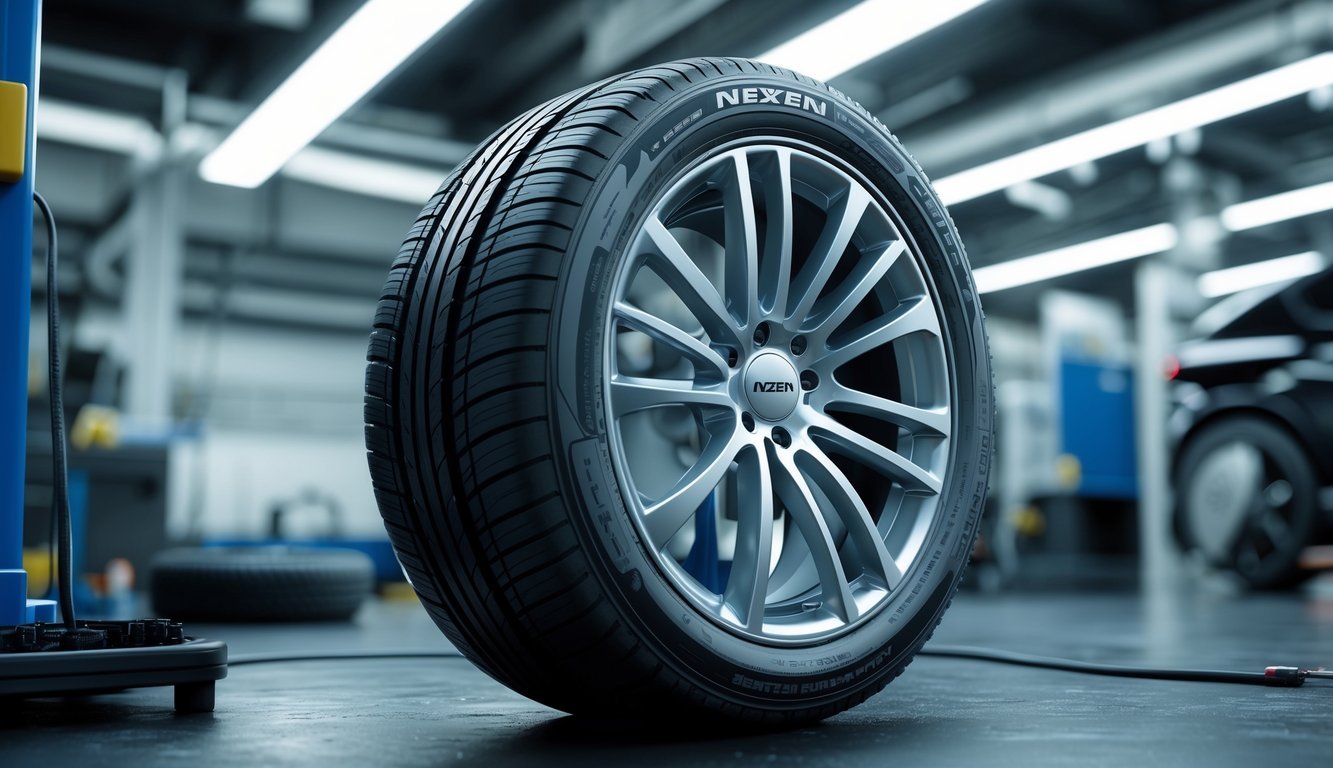 Prikaz bliskog plana Nexen gume na kotaču automobila u radionici za održavanje.