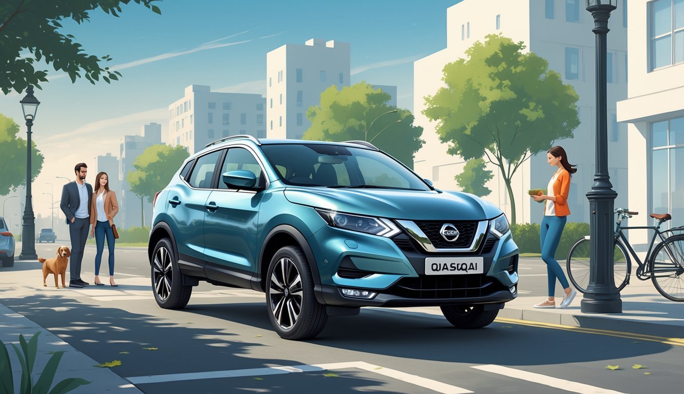 Nissan Qashqai parkiran na gradskoj ulici s mladim parom i djetetom u blizini, uz bicikl i zgrade u pozadini.