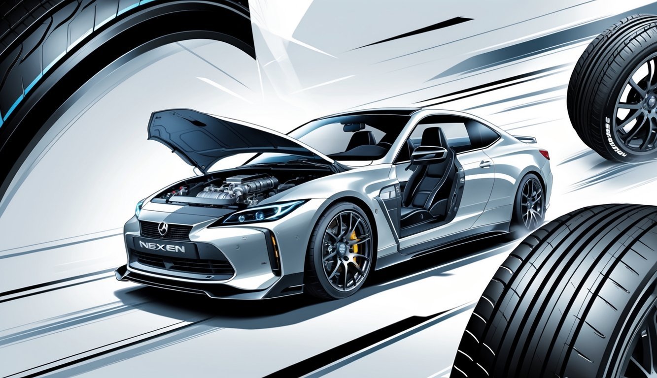 Automobil s otvorenim poklopcem motora koji prikazuje motor i mjenjač te detaljni prikaz Nexen guma.