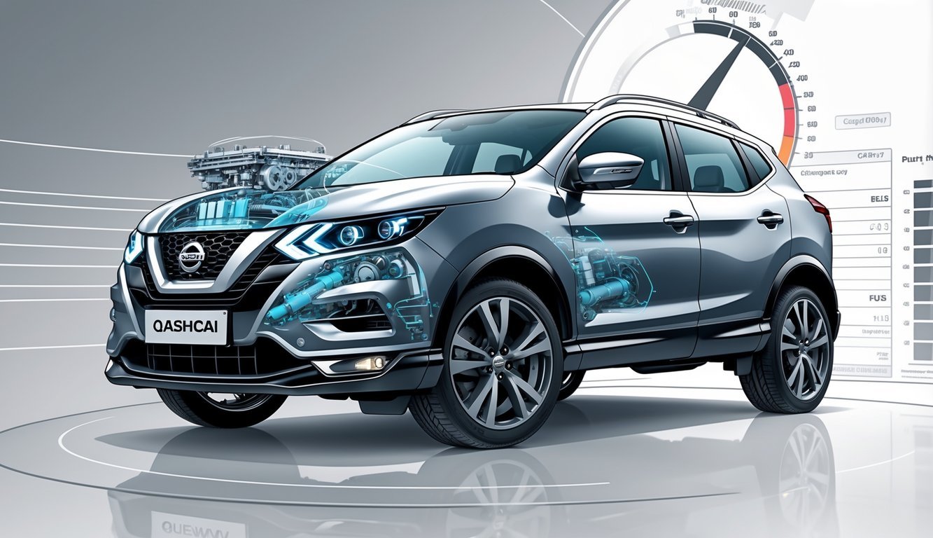 Ilustracija Nissan Qashqaija s prikazom motora, performansi i mjenjača.
