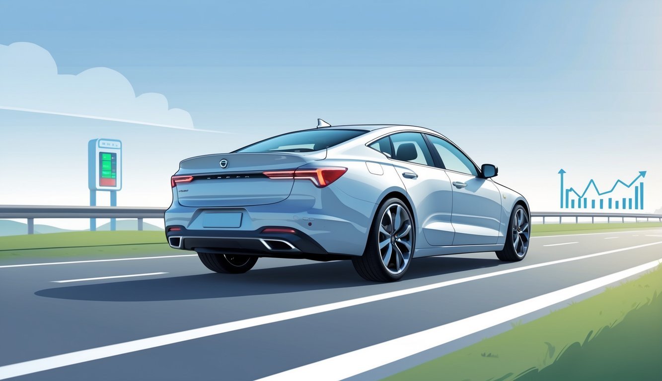 Automobil na cesti s vidljivim Nexen gumama, prikaz potrošnje goriva i troškova vožnje.