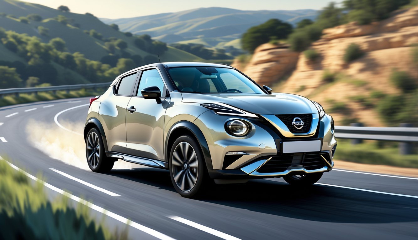 Nissan Juke u vožnji na zavojitoj cesti s istaknutim ovjesom i vozačem koji je usredotočen na vožnju.